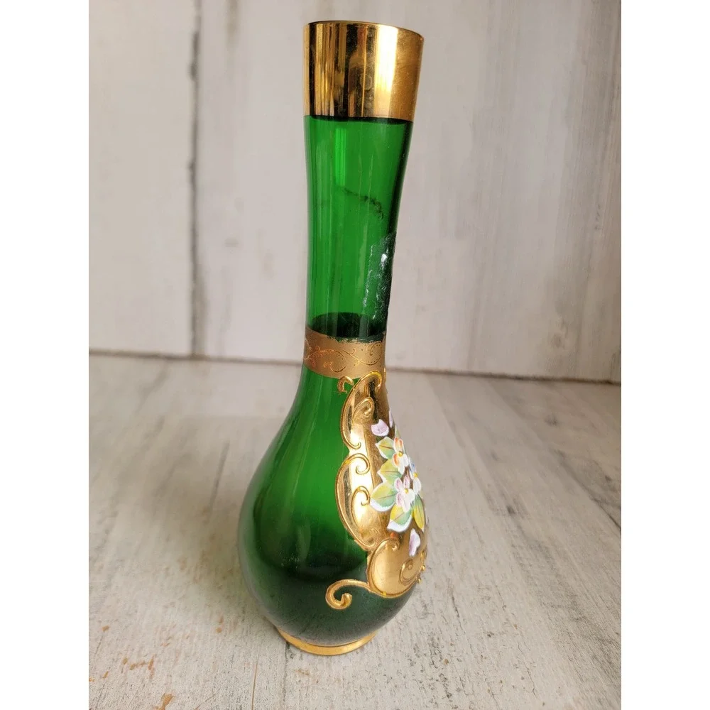 Bohemian Czech flower bud green vase glass Floral centerpiece Unique Home